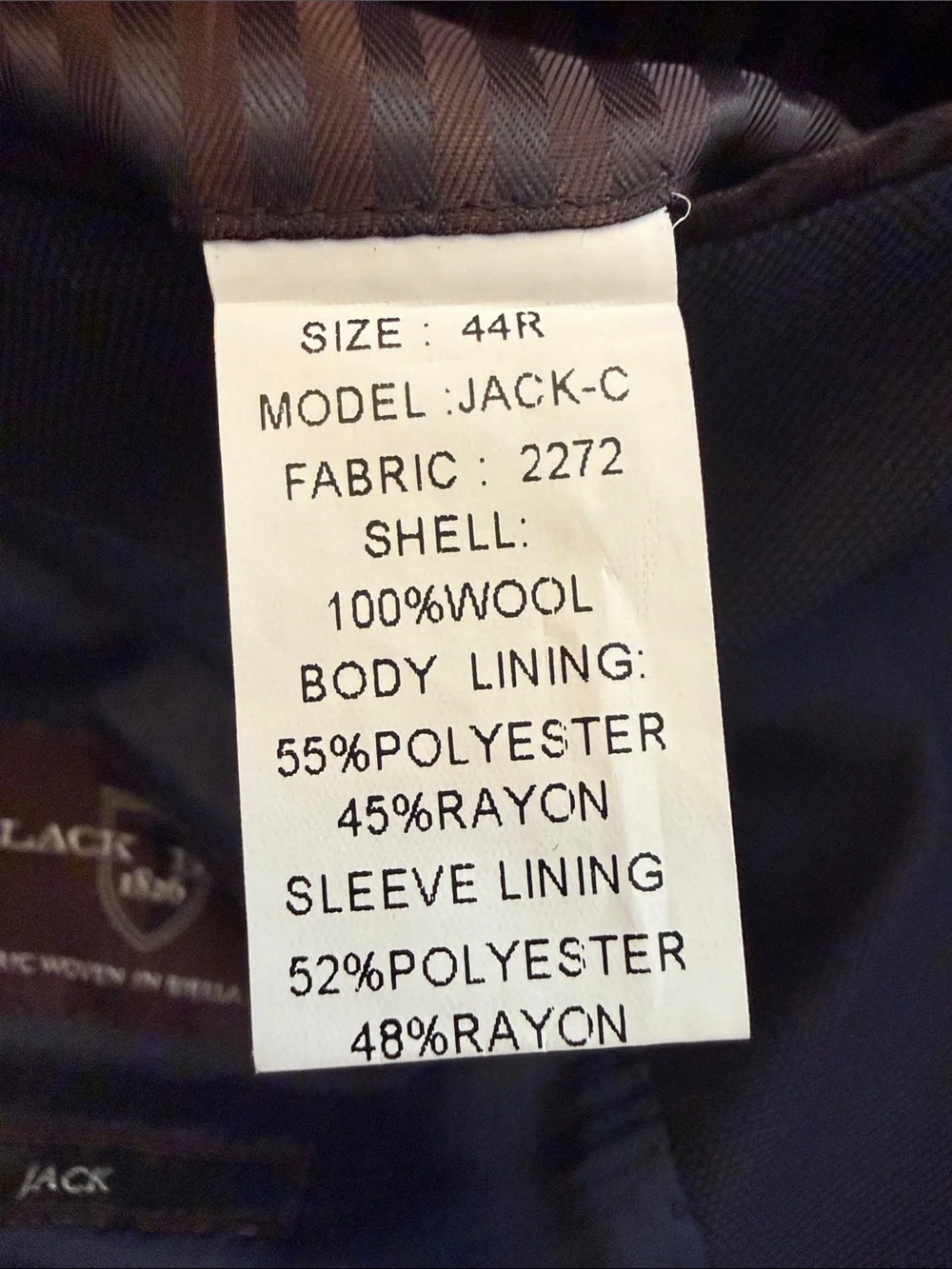 Black Brown 1826 44R Wool Sport Coat Navy Blue Italian Fabric 2-Button Blazer